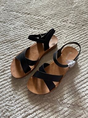 Wanted Black Strappy Sandals with Tan Footbed